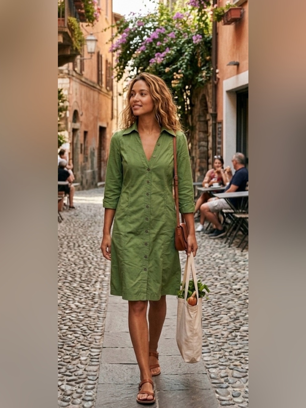 Chesley Olive Green Button-Front Midi Shirt Dress